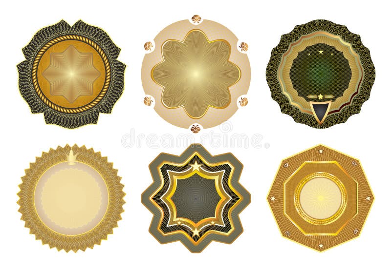 O jogo do vetor ouro-moldou etiquetas. ilustração stock O jogo do vetor ouro-moldou etiquetas. ilustração stock