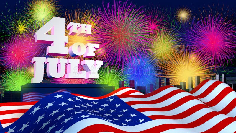 4o julho nas letras brancas e grossas em um fundo da cidade com o céu noturno completo dos fogos de artifício ilustração do vetor 4o julho nas letras brancas e grossas em um fundo da cidade com o céu noturno completo dos fogos de artifício ilustração do vetor