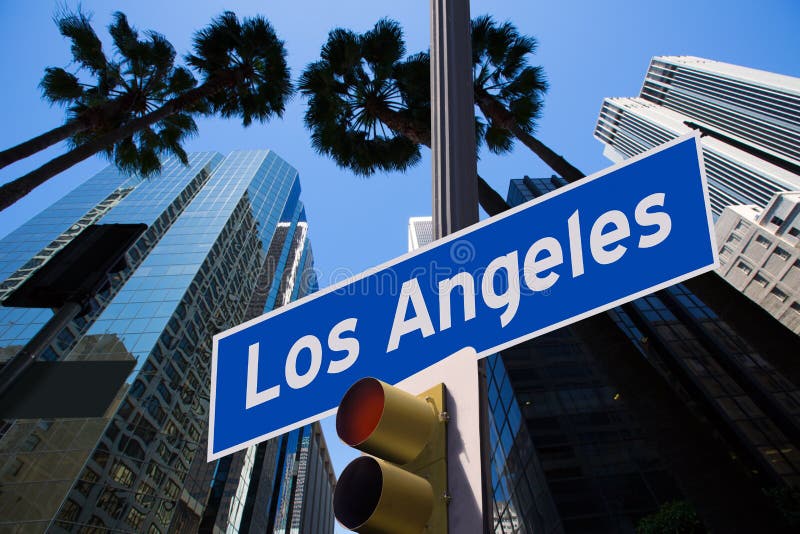 LA Los Angeles sign in redlight photo mount on downtown image. LA Los Angeles sign in redlight photo mount on downtown image