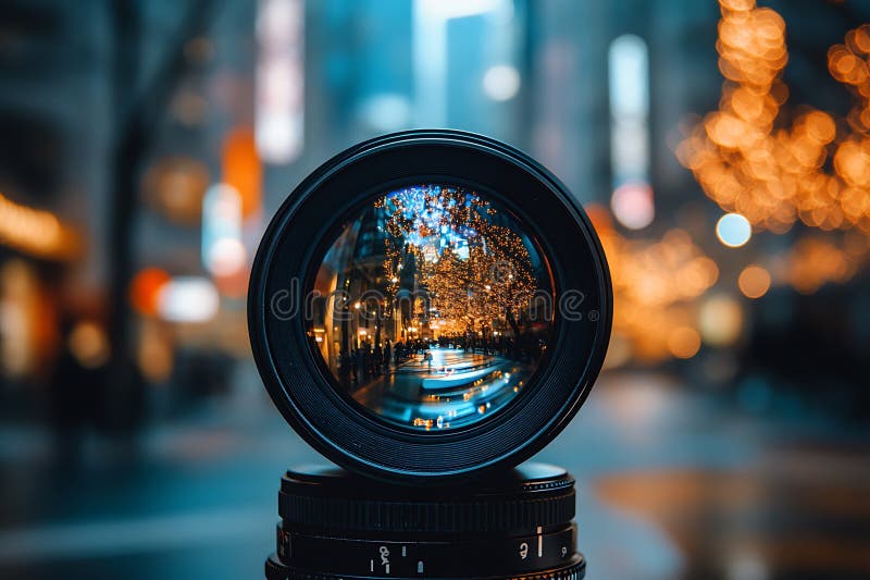 O lentilă de cameră reflectă o scenă a orașului cu lumini și ceață stock illustration