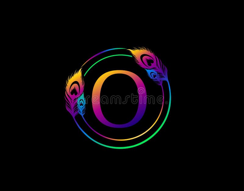 O Letter Decorated With Exotic Peacock Feather. Circle Badge With Peacock Feather stock illustration