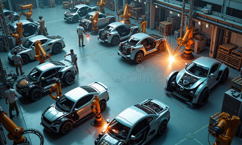 O linie de asamblare auto care include atât roboți, cât și lucrători care colaborează în acțiune royalty free illustration
