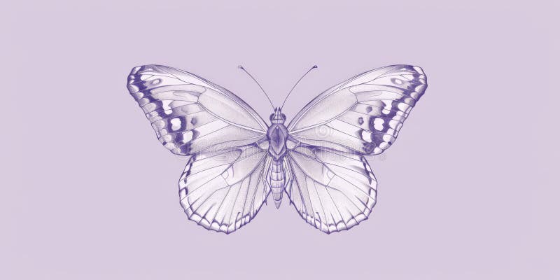 O linie simplă albă desenată pe un fond ușor lavandă al unui fluture cu aripi detaliate. Sistemul stock images