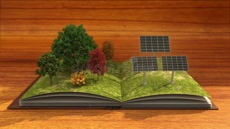 O livro aberto faz a planta de energias solares, painel solar, energia solar, fundo marrom