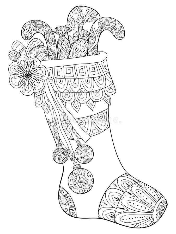 O livro para colorir adulto, pagina uma sapata do Natal com os presentes com os ornamento da decoração para relaxar Zentangle ilustração stock O livro para colorir adulto, pagina uma sapata do Natal com os presentes com os ornamento da decoração para relaxar Zentangle ilustração stock