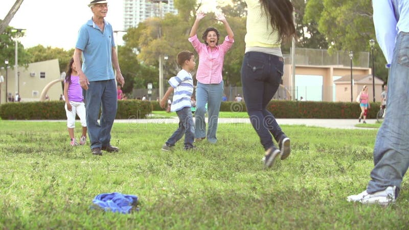 O lovitură cu încetinitorul în mișcare a familiilor din mai multe generații care joacă fotbal stock footage