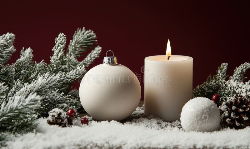 O lumânare albă stă pe o masă lângă un brad și un glob de zăpadă stock photos