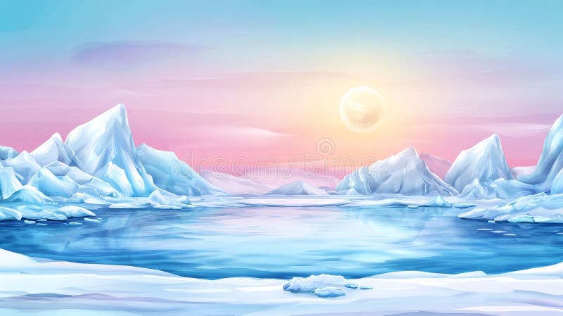 O lună pastelată atârnă deasupra unor vârfuri de zăpadă care sunt reflectate într-un lac întunecat sub un cer amurg umplut cu împr royalty free stock image