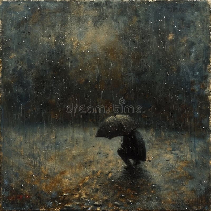 A somber figure in a black cloak stands in a cemetery, holding an umbrella as rain falls gently around them. AI generated. A somber figure in a black cloak stands in a cemetery, holding an umbrella as rain falls gently around them. AI generated