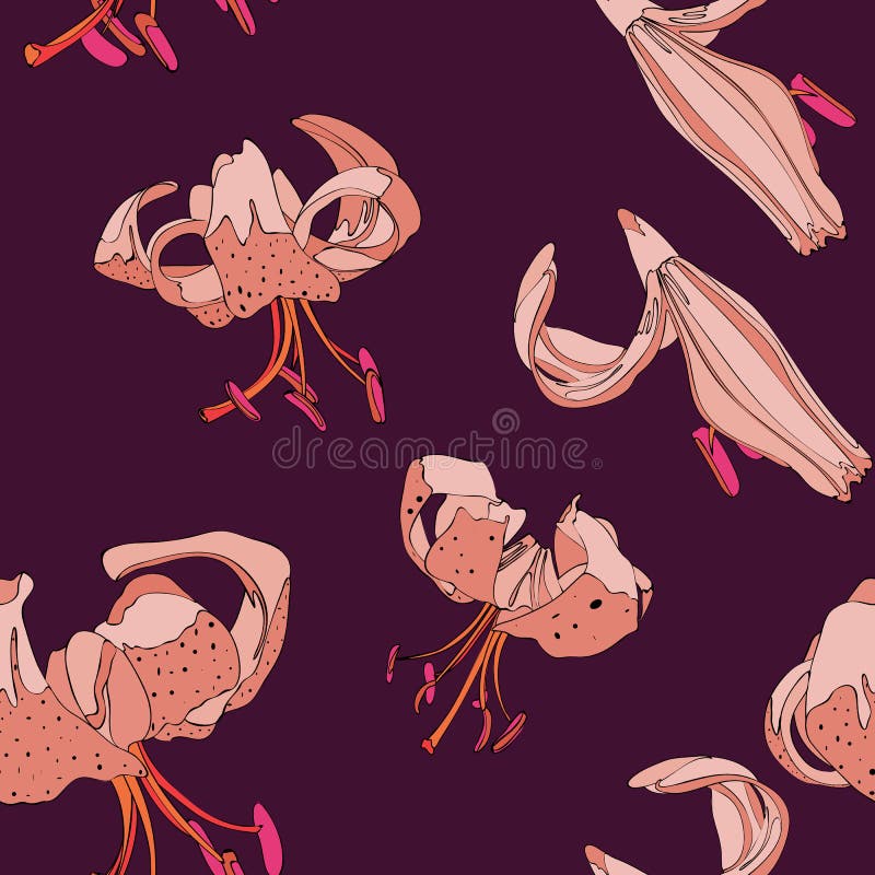 O lírio simples floresce o teste padrão sem emenda Cores brilhantes Motriz do vintage ilustração do vetor O lírio simples floresce o teste padrão sem emenda Cores brilhantes Motriz do vintage ilustração do vetor