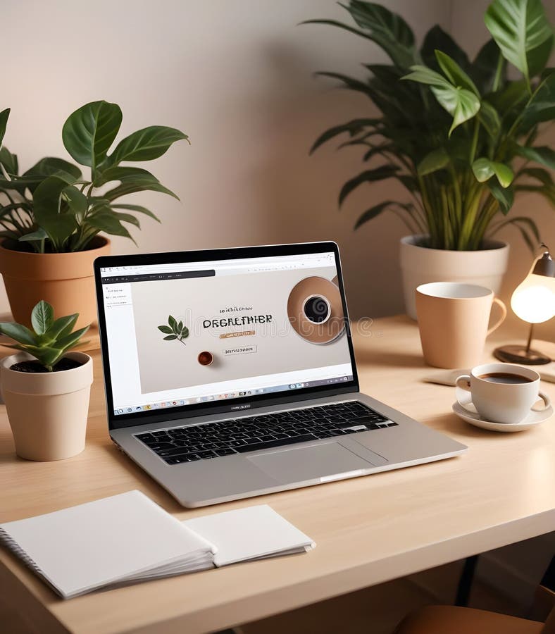O machetă de notebook realistă, frumos refăcută, plasată pe un birou modern, cu iluminare blândă royalty free stock images