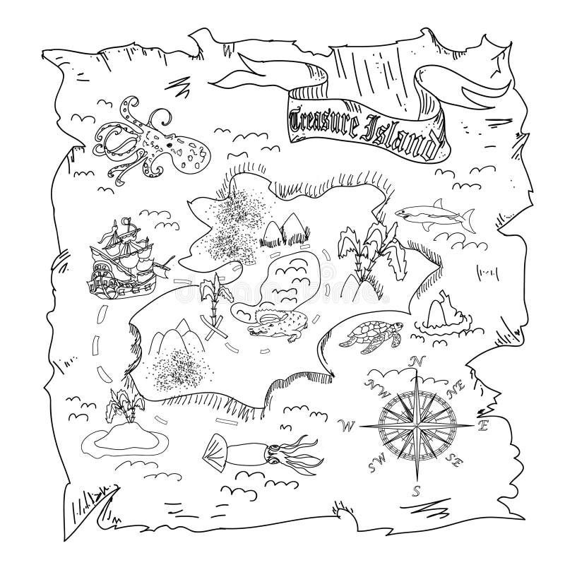 O mapa da ilha do tesouro caçoa a página da coloração ilustração royalty free O mapa da ilha do tesouro caçoa a página da coloração ilustração royalty free