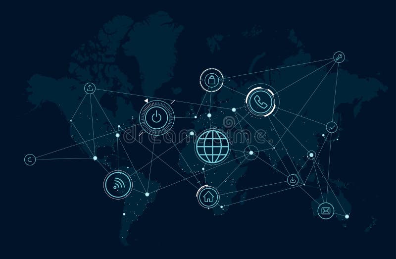 O mapa de rede do mundo, dados das comunicações processa a atividade, tecnologias sem fios ilustração do vetor O mapa de rede do mundo, dados das comunicações processa a atividade, tecnologias sem fios ilustração do vetor