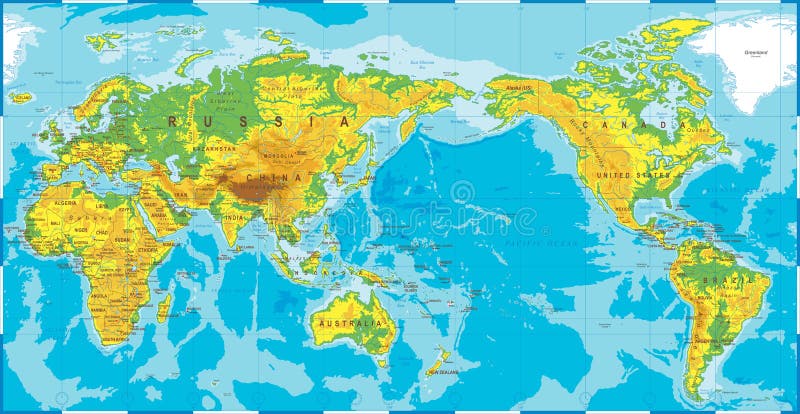O mapa do mundo colorido topográfico físico político o Pacífico centrou-se ilustração do vetor O mapa do mundo colorido topográfico físico político o Pacífico centrou-se ilustração do vetor