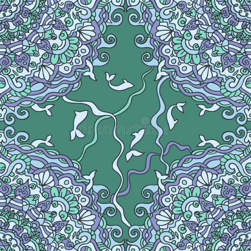 O mar acena o teste padrão sem emenda Fundo marinho da mandala Ilustração azul e verde do vetor ilustração do vetor O mar acena o teste padrão sem emenda Fundo marinho da mandala Ilustração azul e verde do vetor ilustração do vetor
