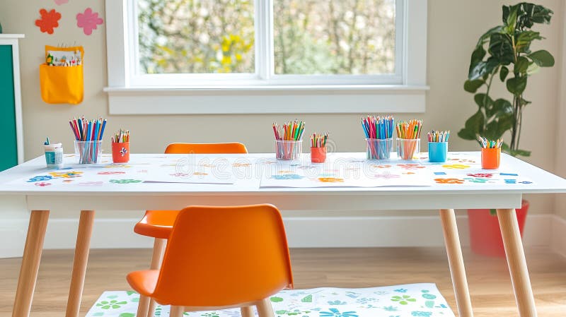 O masă de ambarcațiuni curate pentru copii cu markeri de hârtie și tipare cu arcuri stock photo