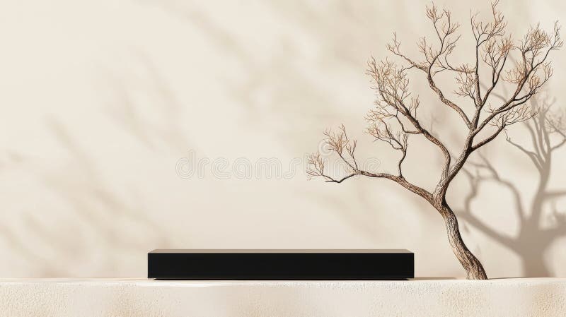 O masă dreptunghiulară neagră minimalistă stă pe un perete bej cu o ramură de copac goală care se extinde spre dreapta. royalty free stock photos