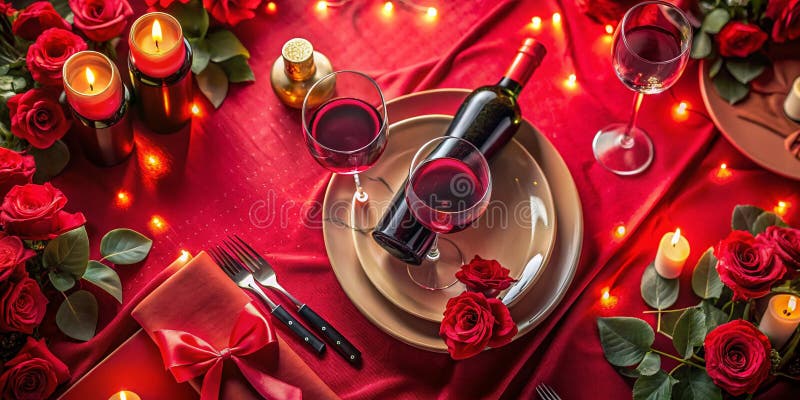 O masă romantică de zi cu sfântul valentin care oferă o vedere elevă a vinului și a ochelarilor excelenți pe o față de masă roșie stock illustration