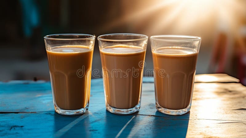 O masă rustică de teal de afară, la soare, conține trei pahare de cafea. royalty free stock photography