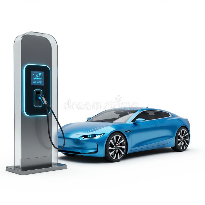 O mașină electrică albastră și elegantă este conectată la o stație de încărcare modernă. Mașina vector illustration