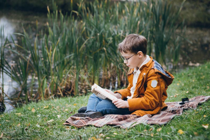 O menino bonito anda e levanta em um parque colorido do outono imagem de stock O menino bonito anda e levanta em um parque colorido do outono imagem de stock