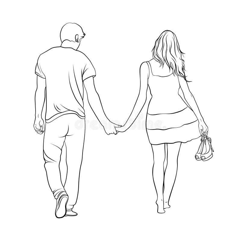 O menino e a menina estão andando em conjunto História de amor linha contorno ilustração do vetor O menino e a menina estão andando em conjunto História de amor linha contorno ilustração do vetor