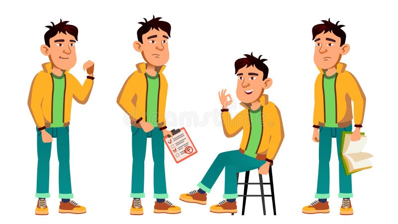 O menino mau asiático levanta vetor ajustado Aluno alto teenage Beleza, estilo de vida, amigável Para o cartão, anúncio ilustração do vetor O menino mau asiático levanta vetor ajustado Aluno alto teenage Beleza, estilo de vida, amigável Para o cartão, anúncio ilustração do vetor
