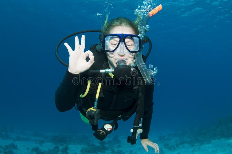 O mergulhador do mergulhador faz o sinal APROVADO foto de stock O mergulhador do mergulhador faz o sinal APROVADO foto de stock