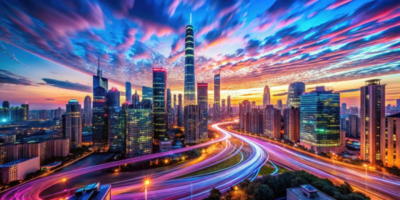 O metropolă vibrantă la apusul soarelui zgârie-nori și trasee luminoase se împletesc cu un cer colorat dramatic. IA generativă stock illustration