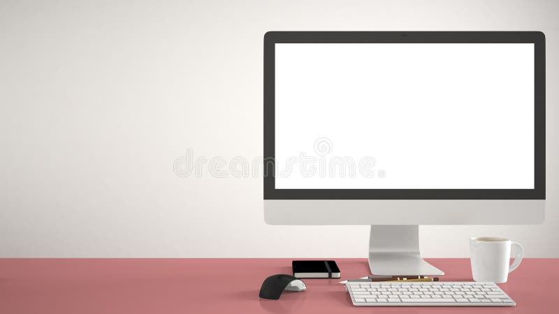 O modelo do Desktop, molde, computador no pantone vermelho coloriu a mesa do trabalho com tela vazia, rato do teclado e bloco de fotos de stock O modelo do Desktop, molde, computador no pantone vermelho coloriu a mesa do trabalho com tela vazia, rato do teclado e bloco de fotos de stock