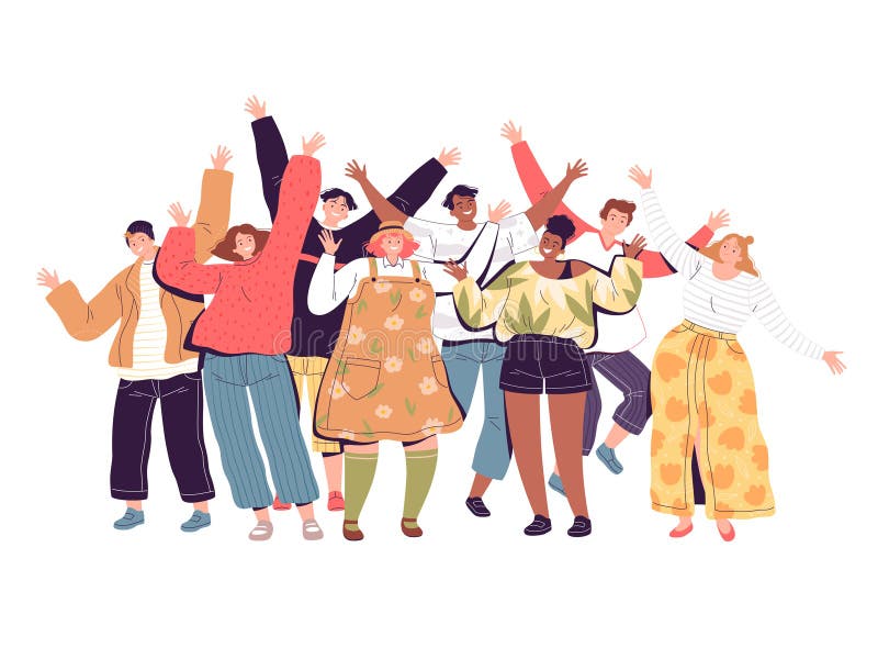 O mulțime de oameni veseli cu mâinile sus. bărbați tineri și femei râd și salută prin fluturarea mâinilor lor. conceptul de royalty free illustration