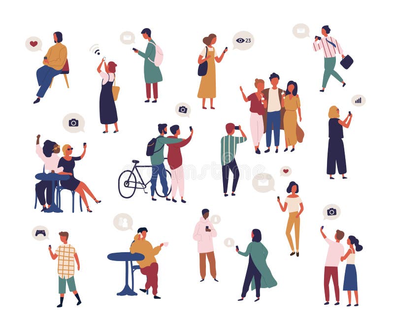 O mulțime de persoane care verifică rețelele sociale de socializare și care încearcă să prindă semnal wifi cu smartphone. colectar stock illustration