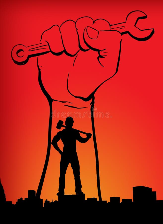 O mundo trabalha o fundo alaranjado amarelo vermelho do dia dos trabalhadores do mundo do dia com o homem da m?o com martelo ilustração royalty free O mundo trabalha o fundo alaranjado amarelo vermelho do dia dos trabalhadores do mundo do dia com o homem da m?o com martelo ilustração royalty free