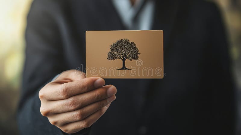 O mână care afișează un card de credit ecoconștient cu un model arbore stock images