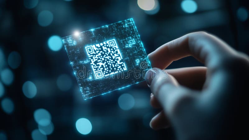 O mână este prevăzută cu un pătrat digital transparent, iluminat, cu un cod QR vector illustration