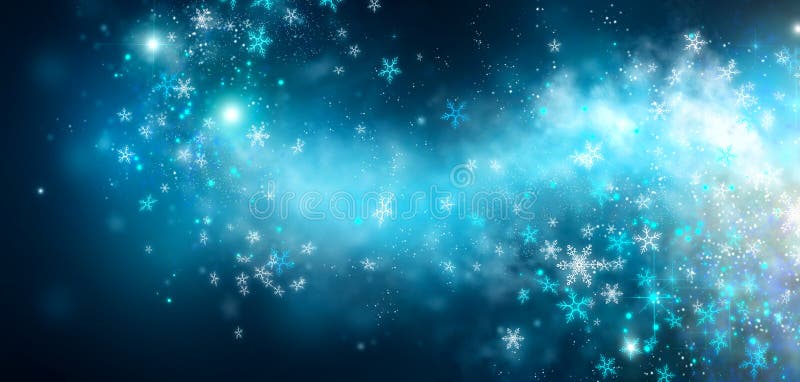 O Natal do inverno e os flocos de neve reluzentes do Ano Novo giram sobre o fundo preto dos boques, o pano de fundo com estrelas
