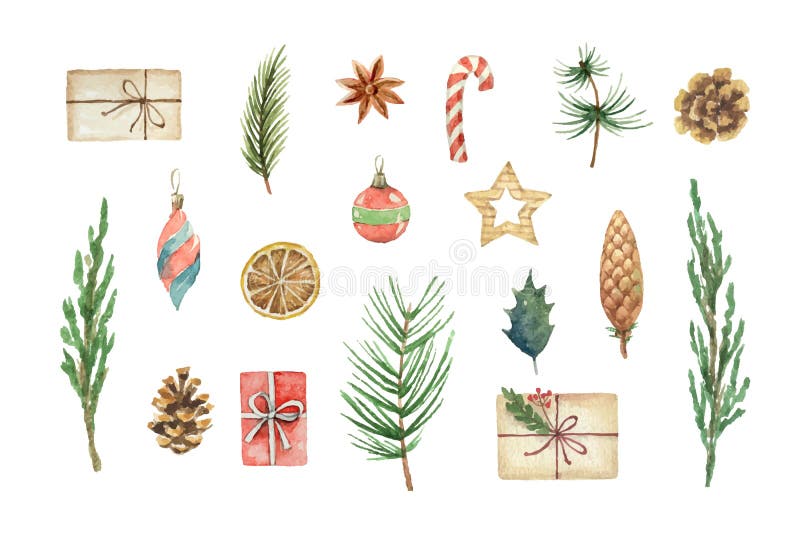 O Natal do vetor da aquarela ajustou-se com ramos, bolas e presentes do abeto ilustração royalty free O Natal do vetor da aquarela ajustou-se com ramos, bolas e presentes do abeto ilustração royalty free