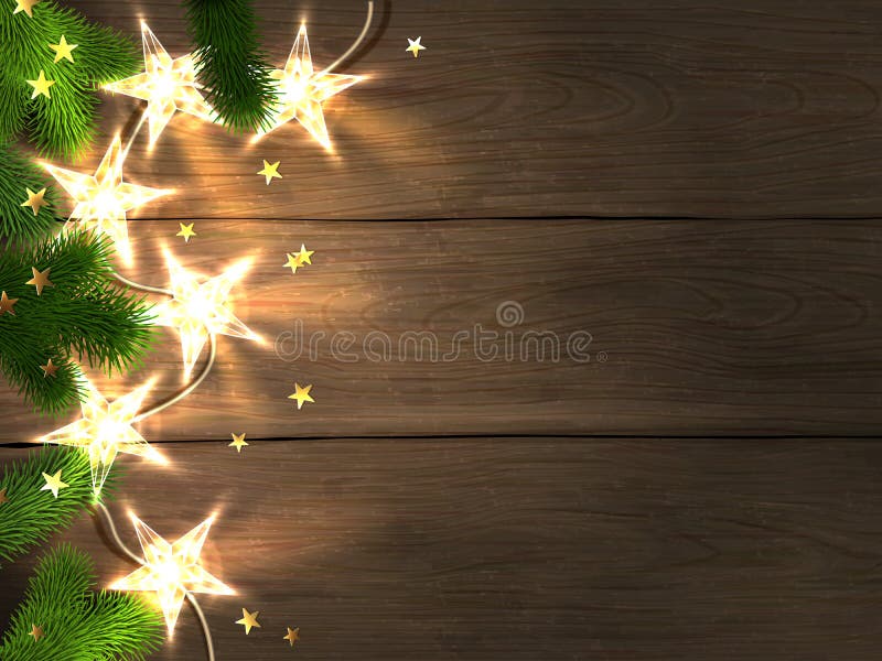 O Natal e o ano novo projetam o molde com fundo de madeira, luzes estrela-dadas forma, ramos do abeto e confetes ilustração do vetor O Natal e o ano novo projetam o molde com fundo de madeira, luzes estrela-dadas forma, ramos do abeto e confetes ilustração do vetor