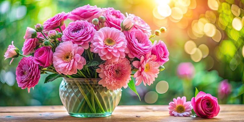O natură statică captivantă Flori roz delicate într-o vază, surprinse cu măiestrie prin intermediul artei AI stock illustration