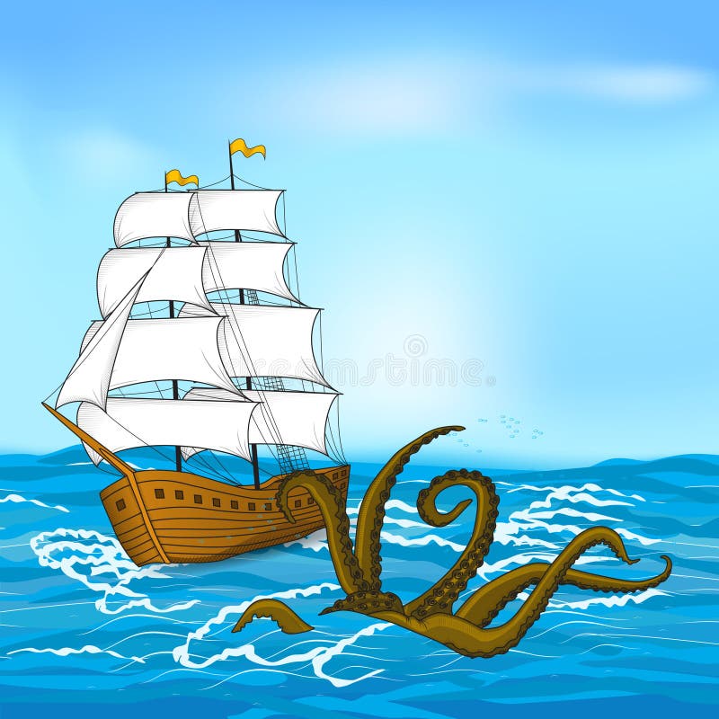 O navio de navigação do vintage e kraken no mar ilustração do vetor O navio de navigação do vintage e kraken no mar ilustração do vetor