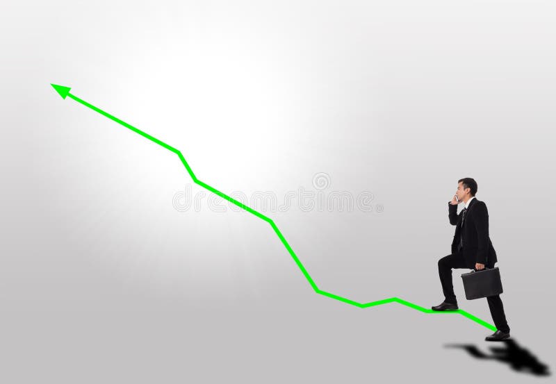 Business step up stair green arrow graph progress.Businessman holding mobile phone and walking to his target. Business step up stair green arrow graph progress.Businessman holding mobile phone and walking to his target.