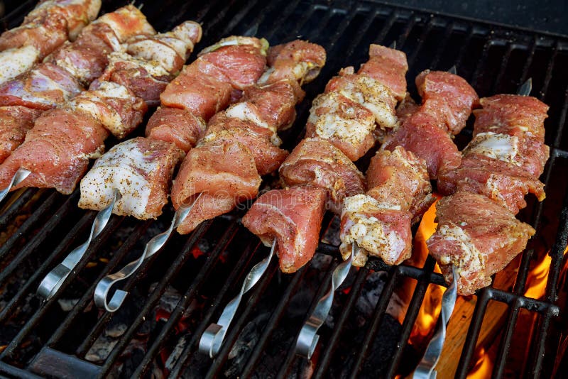 o no espeto saudável grelhou a carne turca da galinha do BBQ em espetos sobre o soldador do carvão vegetal exterior foto de stock o no espeto saudável grelhou a carne turca da galinha do BBQ em espetos sobre o soldador do carvão vegetal exterior foto de stock