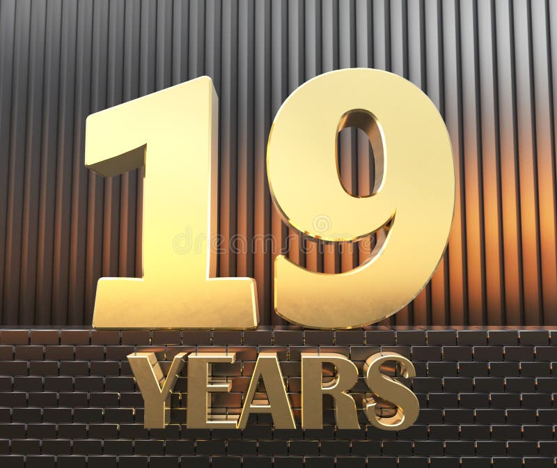 O número dourado dezenove numera 19 e os anos da palavra na perspectiva dos parallelepipeds retangulares do metal no ilustração do vetor O número dourado dezenove numera 19 e os anos da palavra na perspectiva dos parallelepipeds retangulares do metal no ilustração do vetor