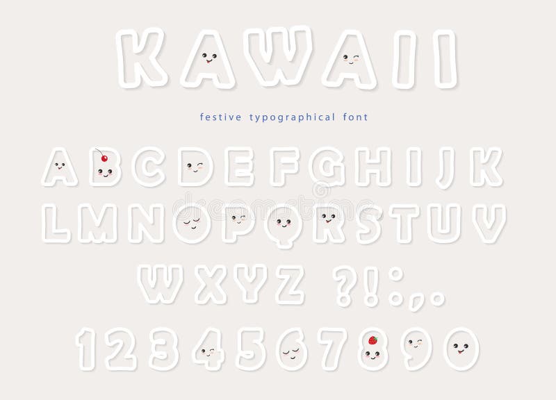 O papel cortou a fonte do kawaii com as caras de sorriso engraçadas Para cartões do aniversário, o convite do partido, crianças p ilustração stock O papel cortou a fonte do kawaii com as caras de sorriso engraçadas Para cartões do aniversário, o convite do partido, crianças p ilustração stock