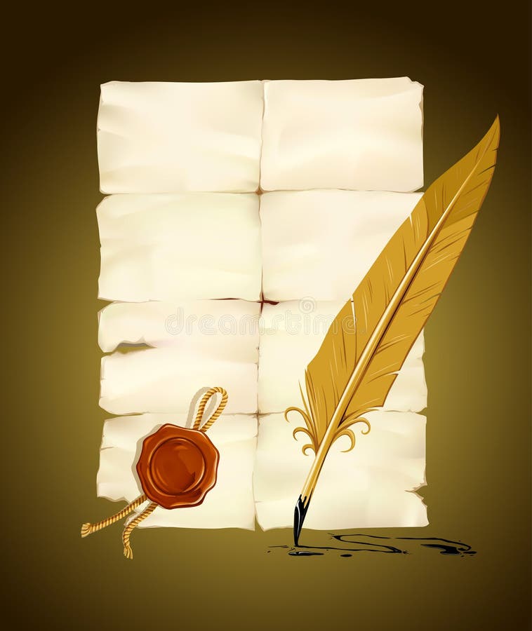 O papel velho com selo e a tinta emplumam-se a ferramenta ilustração stock O papel velho com selo e a tinta emplumam-se a ferramenta ilustração stock