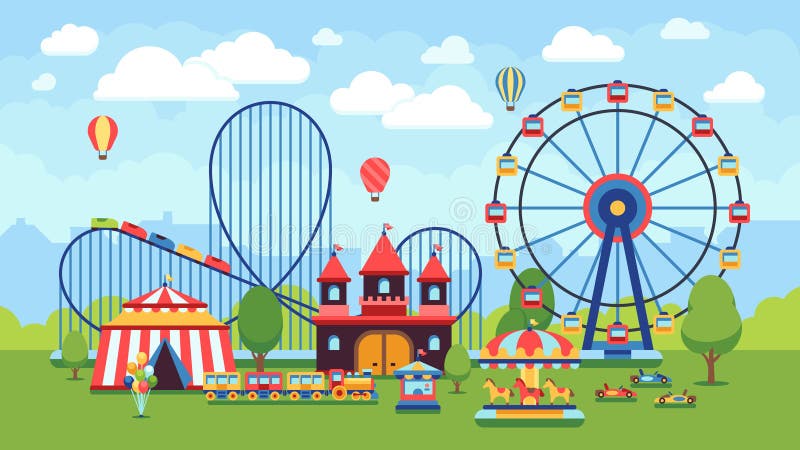 Cartoon amusement park with circus, carousels and roller coaster vector illustration. Circus park and carousel cartoon fun, amusement and carnival. Cartoon amusement park with circus, carousels and roller coaster vector illustration. Circus park and carousel cartoon fun, amusement and carnival