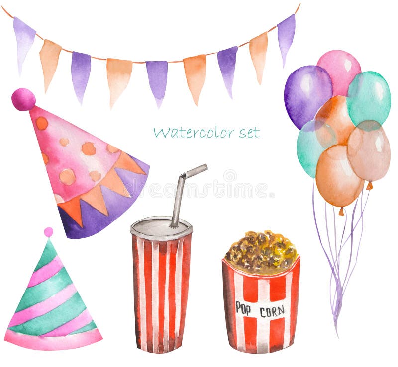 Watercolor party and circus set in the form of garland of the flags, pop corn, air balloons and party hats. Painted on a white background. Watercolor party and circus set in the form of garland of the flags, pop corn, air balloons and party hats. Painted on a white background.