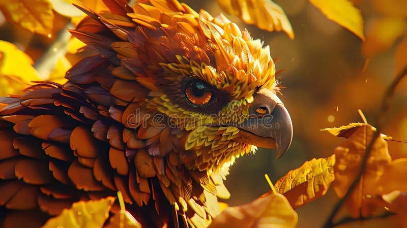 O pasăre mitică vibrantă care se amestecă cu frunzele de toamnă într-o ilustrare detaliată și colorată vector illustration