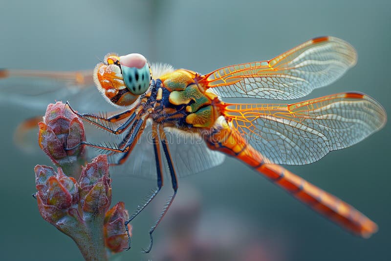 O peliculă de libelulă a apărut pe vârful fotografiei macrografice a aripii sale, făcută cu canon eos sau cu macrofotografie reali royalty free illustration