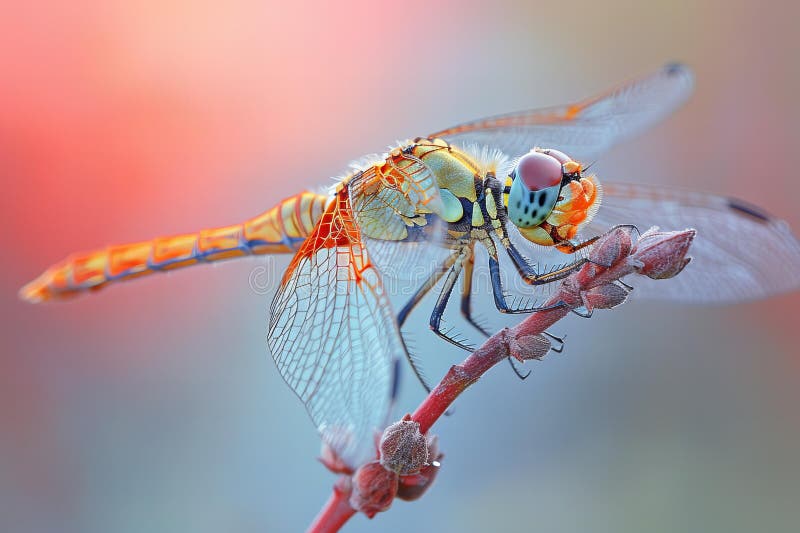 O peliculă de libelulă a apărut pe vârful fotografiei macrografice a aripii sale, făcută cu canon eos sau cu macrofotografie reali stock illustration